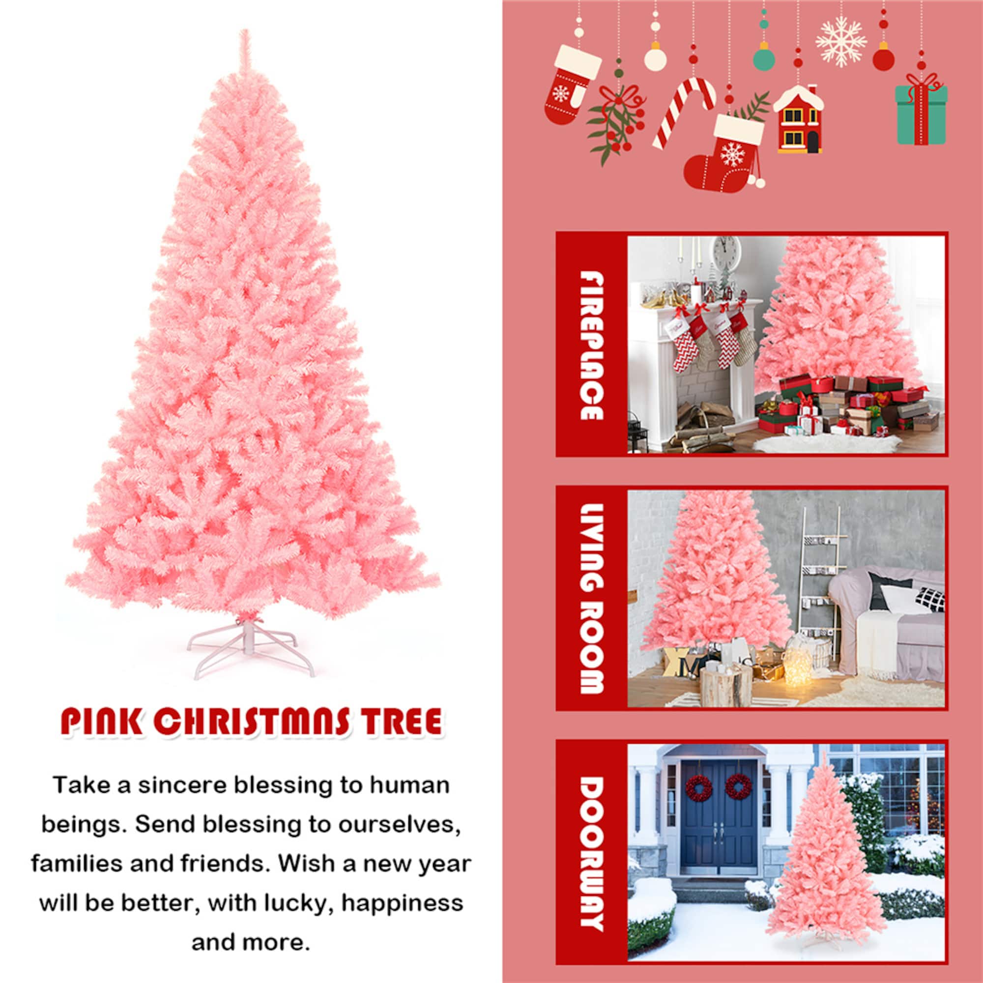 Costway 7.5ft. Unlit Pink Full Fir Artificial Christmas Tree